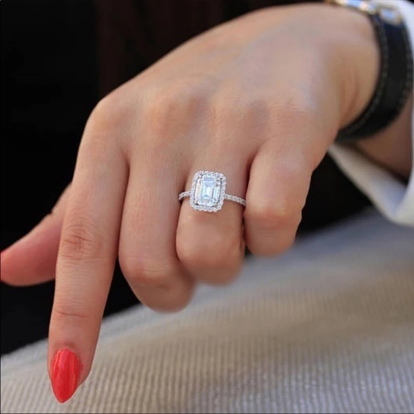 18k White Gold Emerald Cut Diamond Halo Ring, NICE EARRINGS, CUTE EARRINGS - Picture 2 of 5